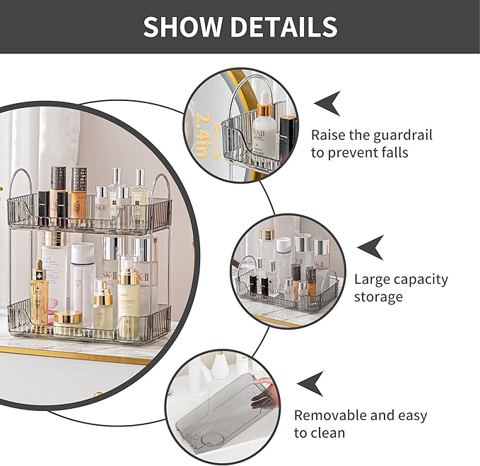 2 Tier Bathroom Organizer Countertop Makeup Perfume Tray Skincare Organizer for Bathroom Dresser Vanity (Grey)