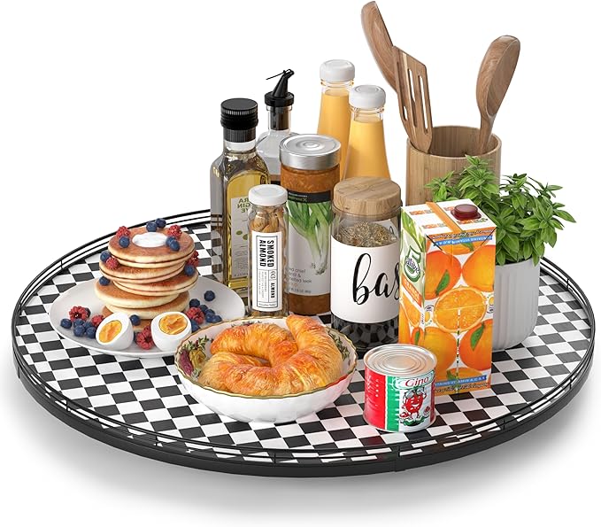 24" Black and White Kitchen Lazy Susan Turntable, Round Checkered Decorative Tray, Large Lazy Susan for Dining Table Centerpiece, Pantry, Kitchen, Bathroom, Countertop, Cupboard, Home Decor