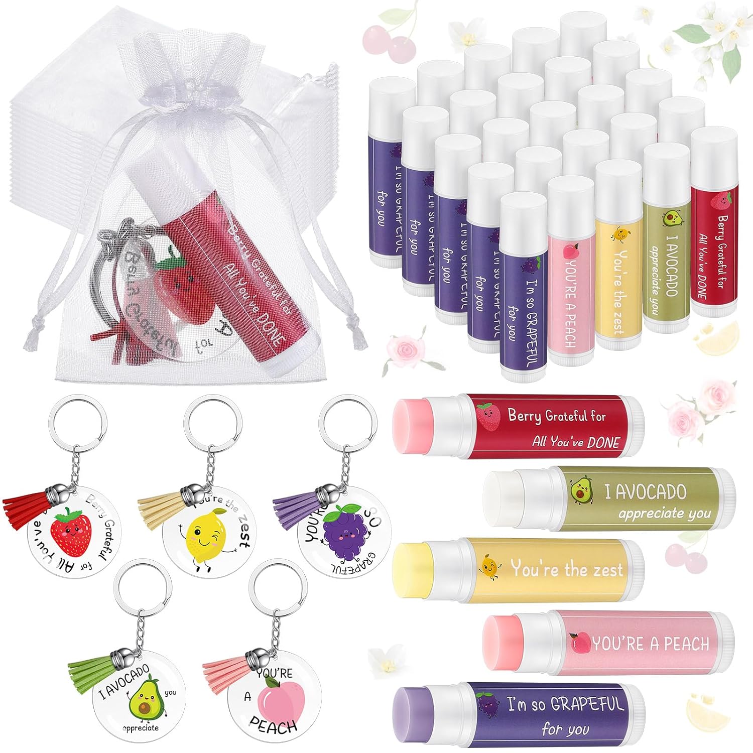 30 Sets Moisturizing Lip Balms Bulk Employee Appreciation Gifts with Fruit Pun Keychains and Organza Bags for Coworker Teacher Appreciation Thank You Gifts