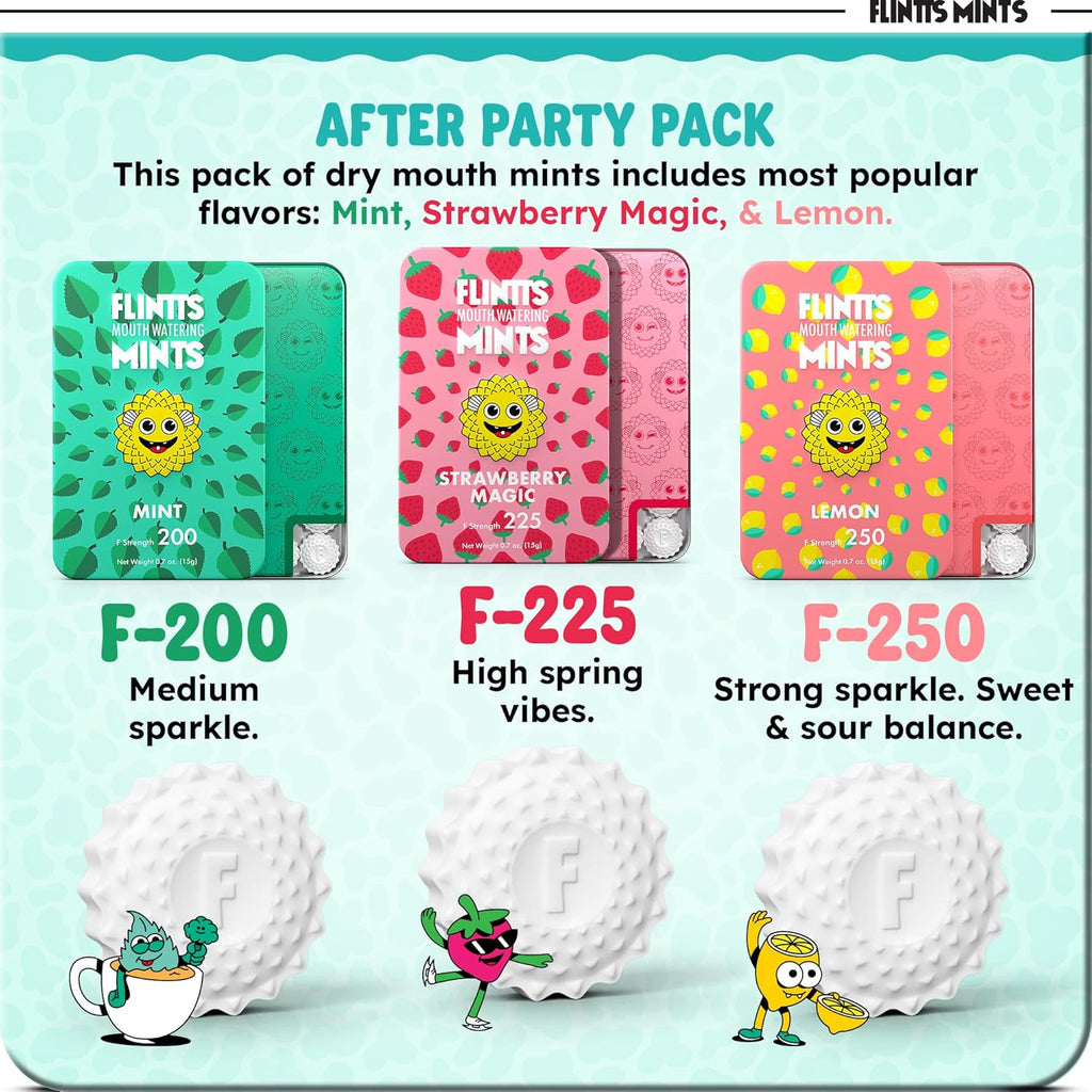 Flintts Mints After Party Pack – Sugar Free Mouthwatering Mints for Dry Mouth Relief & Freshness – Vegan Oral Health Support with Sparkle Effect – Pocket Travel Saliva Substitute, Lozenges Alternative
