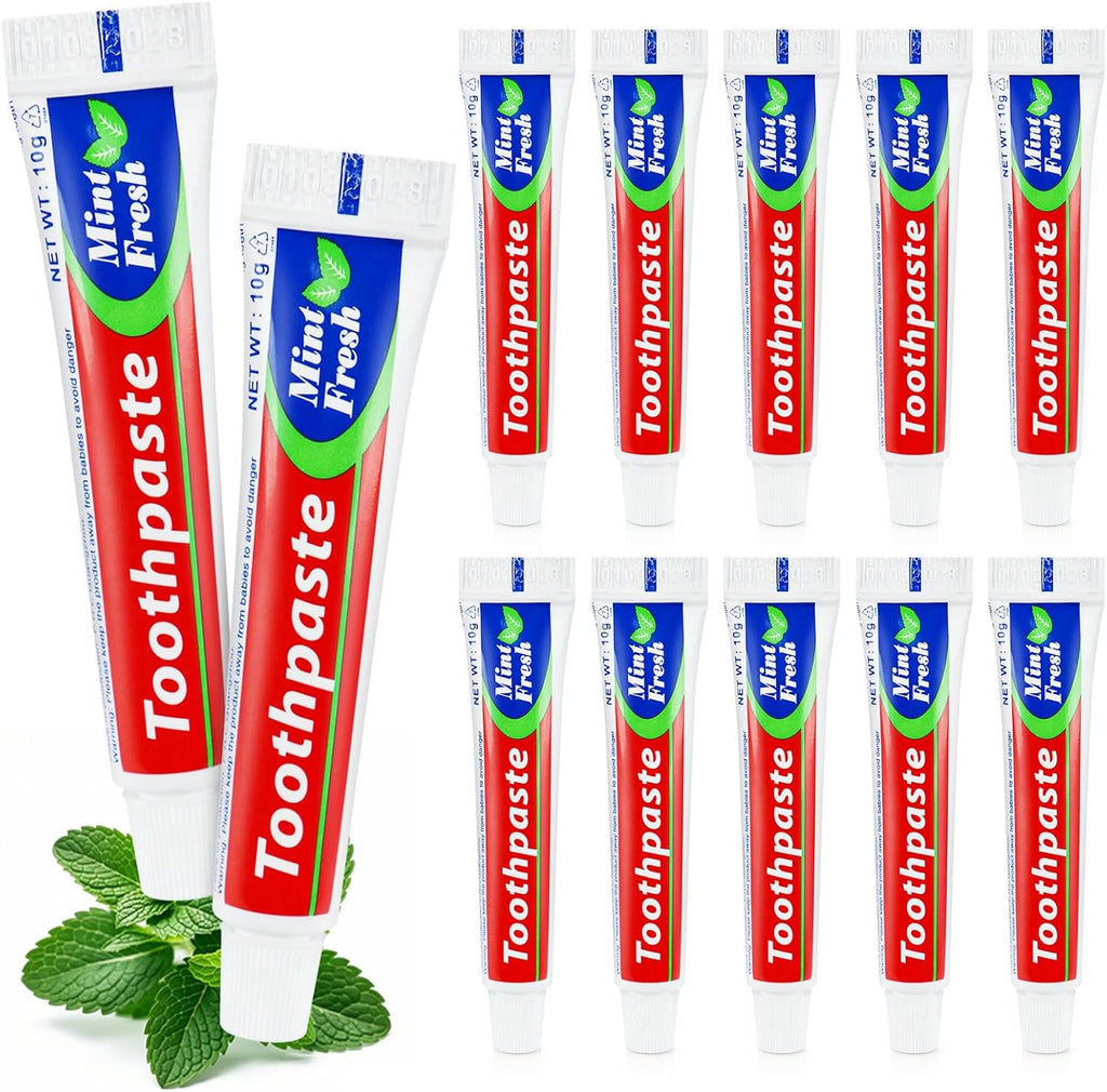 10 Tubes Bulk Travel Size Mini Toothpaste, 0.35 oz Disposable Mint Flavor Pocket Teeth Paste Small Essential Toothpaste for Travel, Home/Hotel/Guests/Charity/Homeless/Camping Oral Care (Single Use)