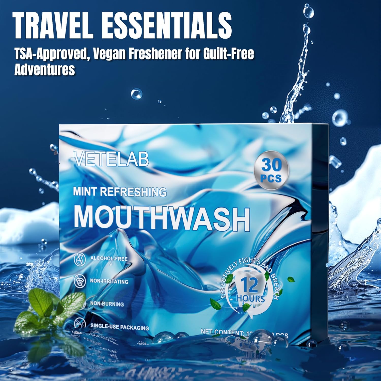 Travel Size Toiletries Mouthwash Packets - TSA-Approved Mini Mint Mouthwash for Adults, Alcohol & Fluoride-Free Oral Care for Air Travel Gifts, Dates & Office, Individually Wrapped (Pack of 30)