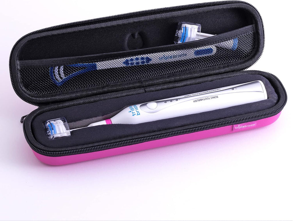 Triple Bristle Sonic Toothbrush Travel Case | Portable Breathable Toothbrush Hard Carrying Bag for Traveling, Camping, Business Trip | Mesh Pocket for Accessories | Pink
