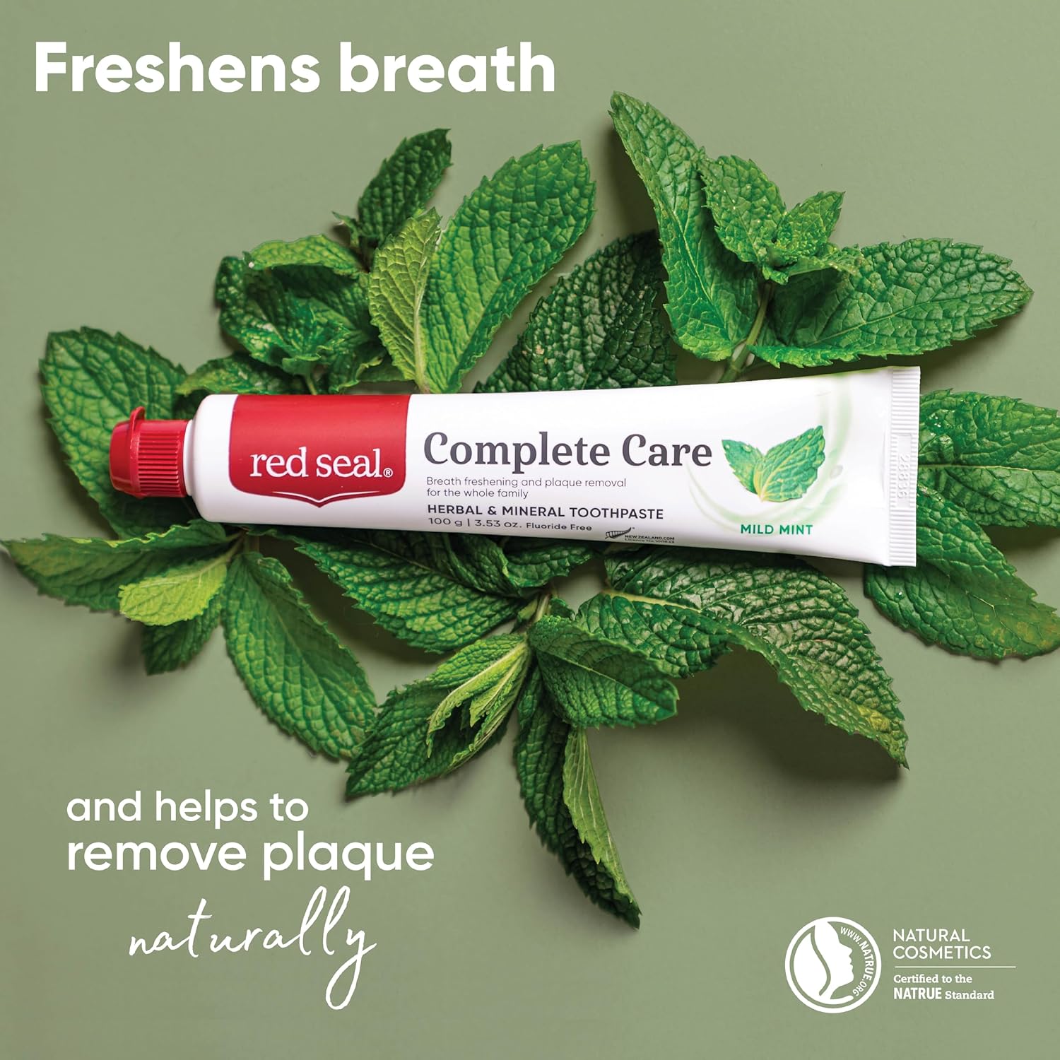 Red Seal Complete Care Mild Mint Toothpaste, NATRUE Certified Natural Toothpaste for The Whole Family, Paraben & SLS Free, Fluoride Free, Vegan Friendly & Cruelty Free, No Artificial Flavors, 3.53 oz