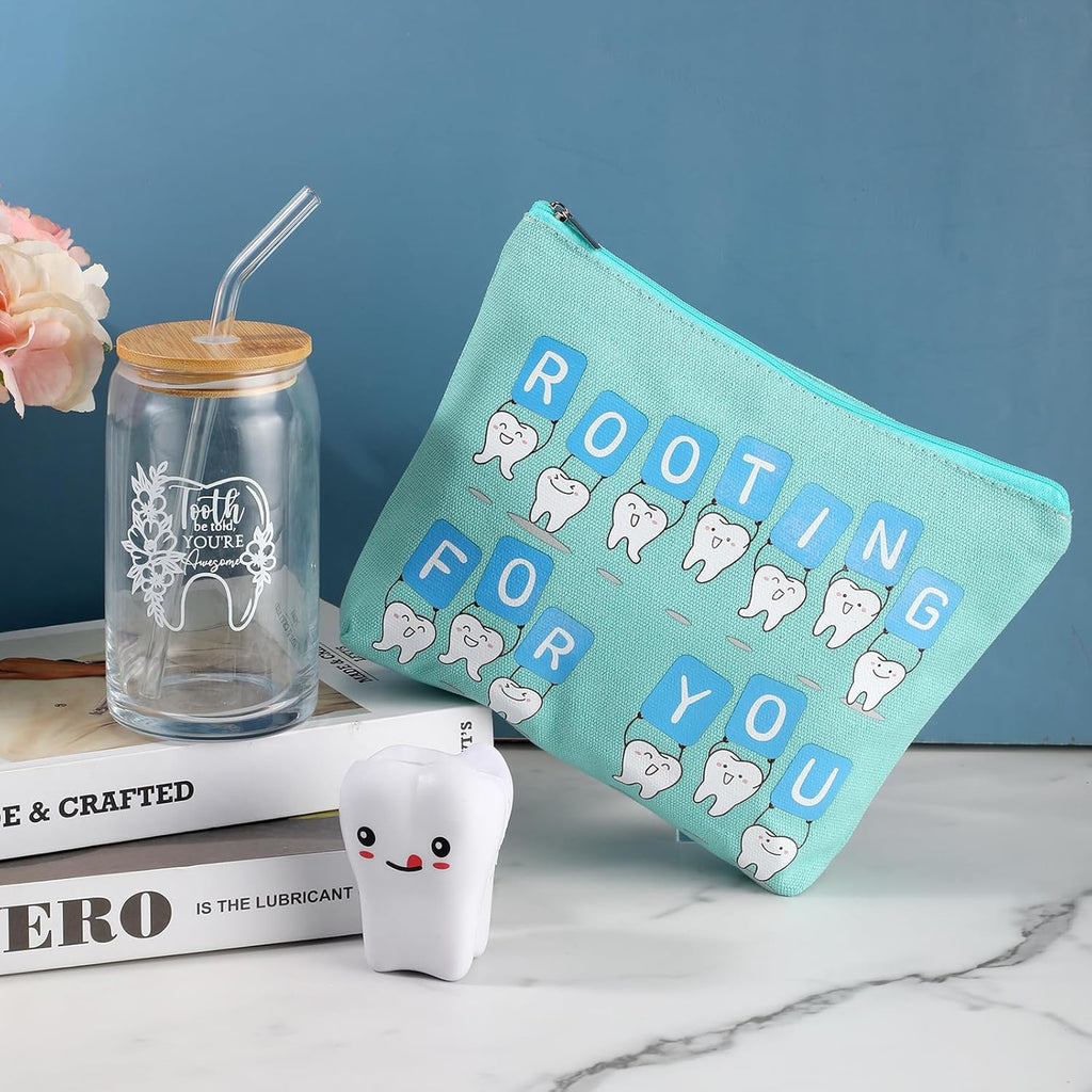 Sliner 3 Pcs Dental Hygiene Gifts Assistant Hygienist Gifts 16 oz Glass Cups Makeup Bag Teeth Stress Toy for Women Coworkers Nurse Dentist Retirement Graduation Christmas Birthday Gift(Multicolor)