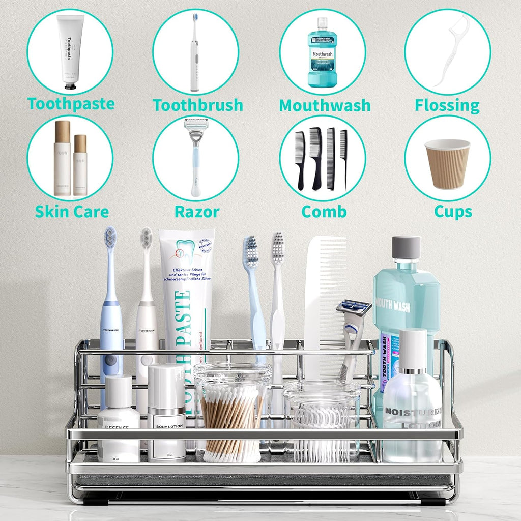 HapiRm Toothbrush Holders for Bathroom - 5 Partitions Bathroom Counter Organizer with Instant Drying Stone, Stainless Steel Countertop Storage Electric Toothbrush Toothpaste Holder - Silver