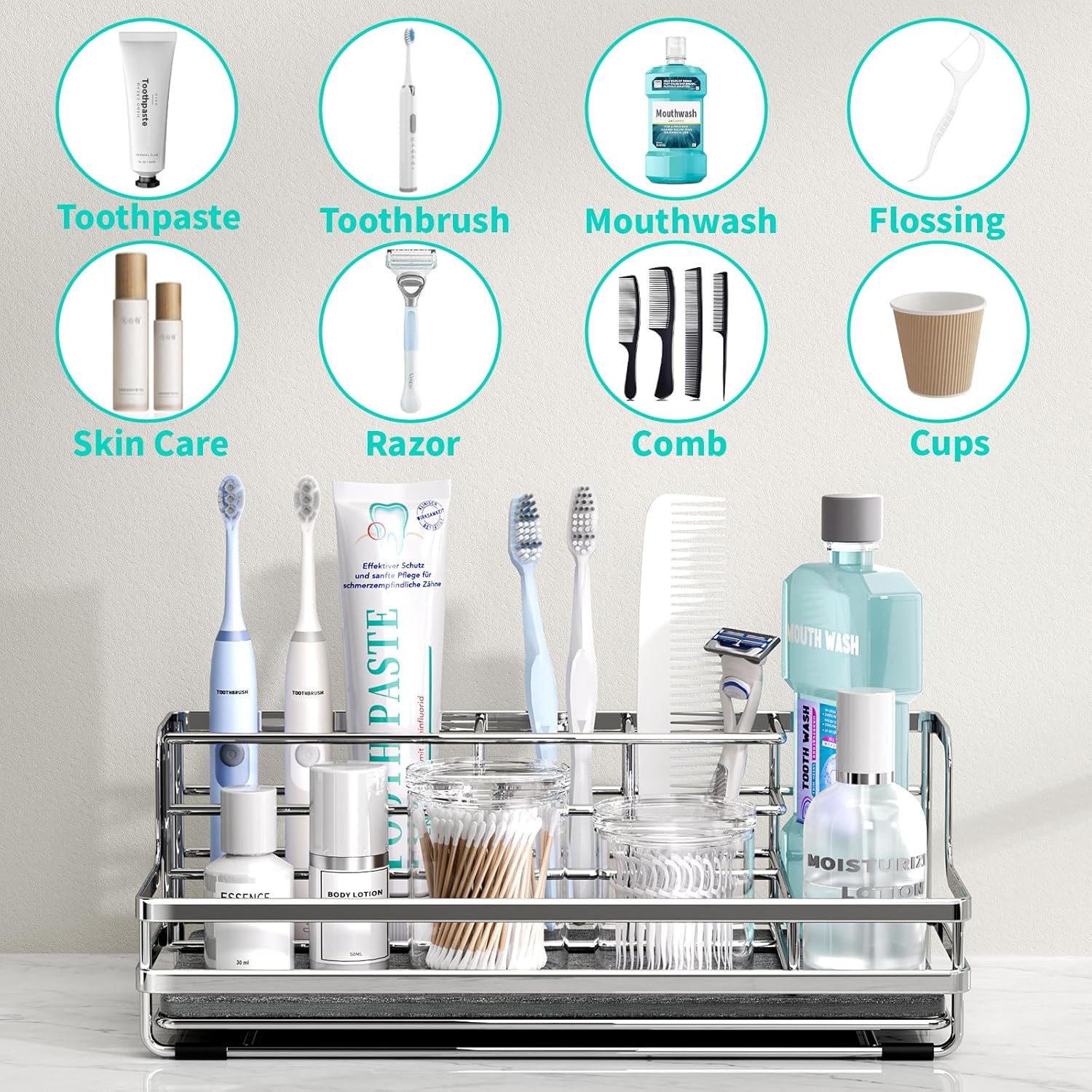 HapiRm Toothbrush Holders for Bathroom - 5 Partitions Bathroom Counter Organizer with Instant Drying Stone, Stainless Steel Countertop Storage Electric Toothbrush Toothpaste Holder - Silver