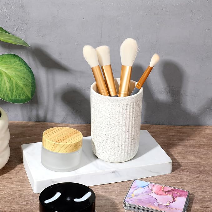 Toothbrush Holders for Bathrooms, 3 Cups Ceramic Tooth Brush Holders Set, Beige Bathroom Tumbler Cups Reusable Toothbrush Mouthwash Cup for Bathroom Counter Organizer