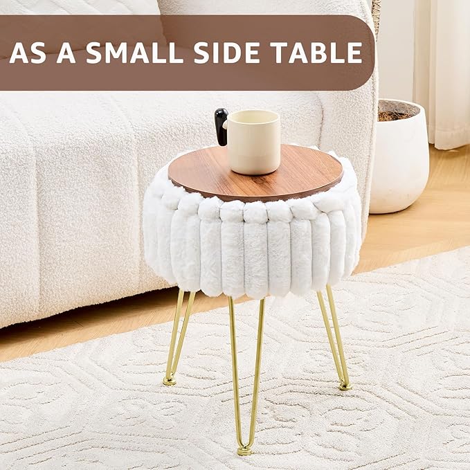 Wimarsbon Vanity Stool with Storage, Faux Fur Ottoman Chair with Metal Legs, Round Makeup Vanity Chair for Bedroom or Dressing Table, Modern Small Ottoman Seat (White)