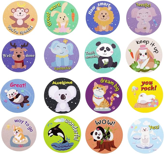 1000 pcs Animal Stickers for Kids,Cute Motivational Stickers for Kids Teachers Classroom School,16 Designs Reward Sticker (1 Inch / 2 Rolls)