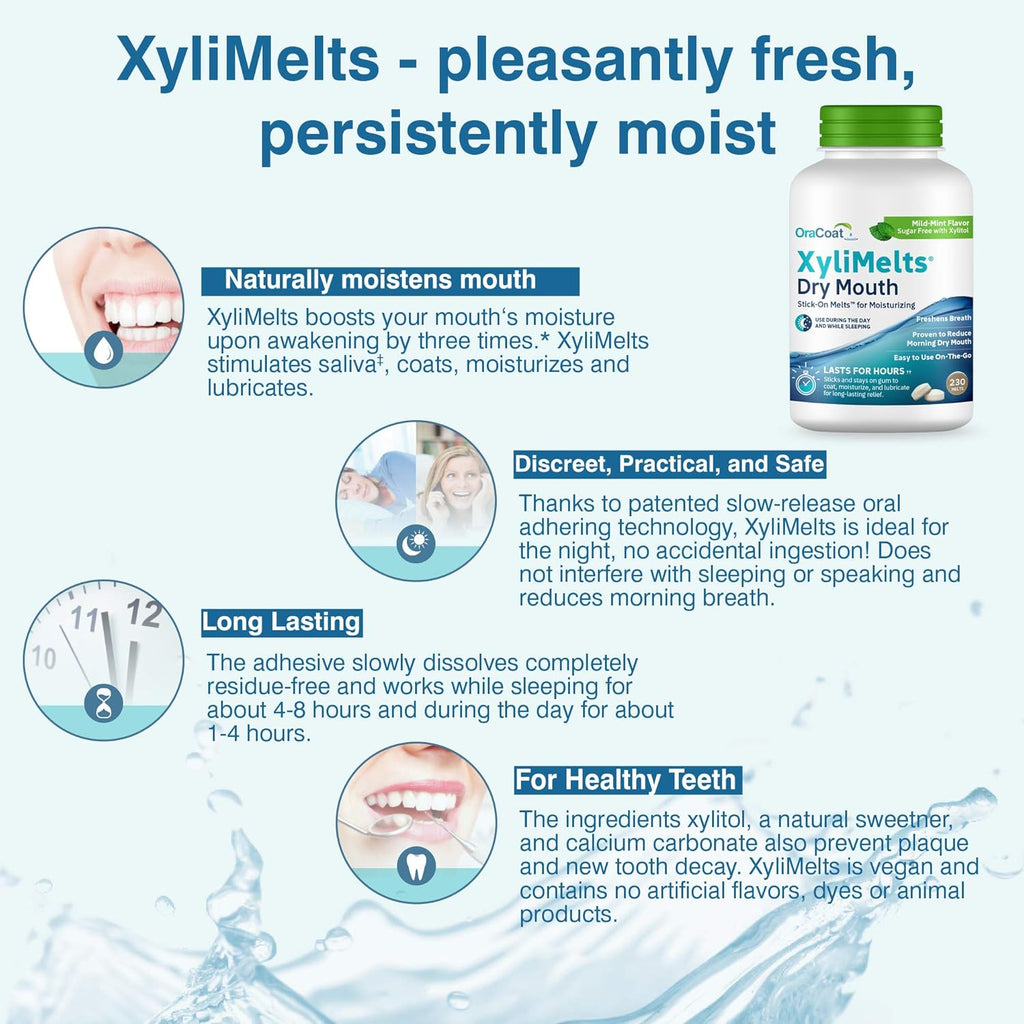 Oracoat XyliMelts for Dry Mouth Night Time or Day - Moisturizing Dry Mouth Adhering Discs, Sugar Free with Xylitol, 230 Count, Mint Flavor, 8-Hour Relief
