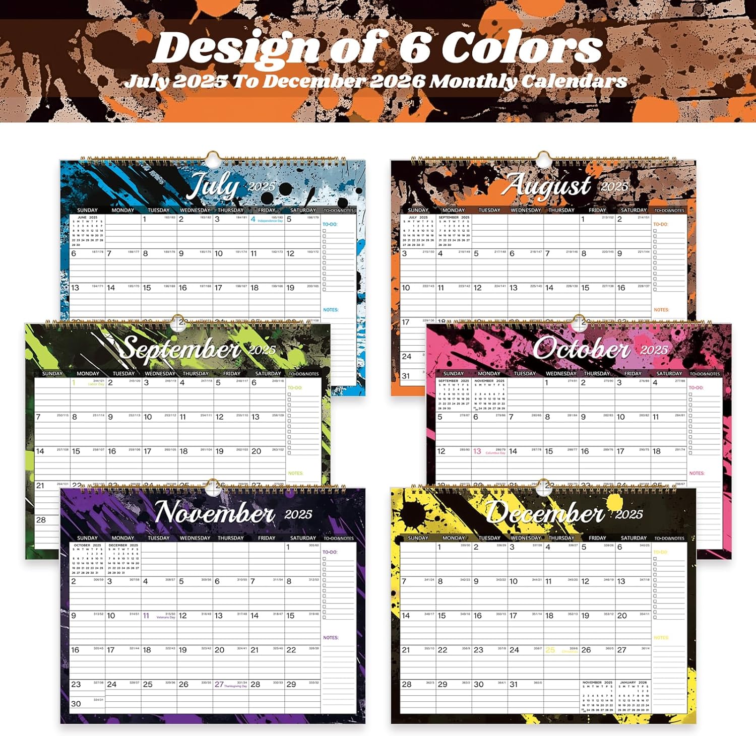 2025-2026 Wall Calendar, Calendar 2025-2026, 18 Month Calendar July 2025 - December 2026, 14.8" X 11.5", Calendar with Twin-Wire Binding, Hanging Hook and Julian Dates (Colorful Ink)