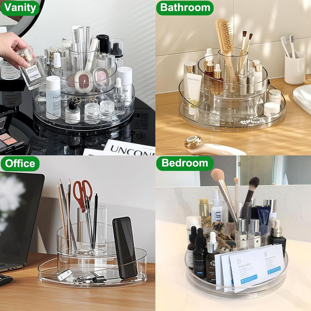 Taiuloo 360 Rotating Makeup Organizer, Clear Acrylic Lazy Susan Cosmetic Storage Turntable for Skincare, Perfume & Lipstick, Round Spinning Tray with Brush Holder for Vanity, Bathroom