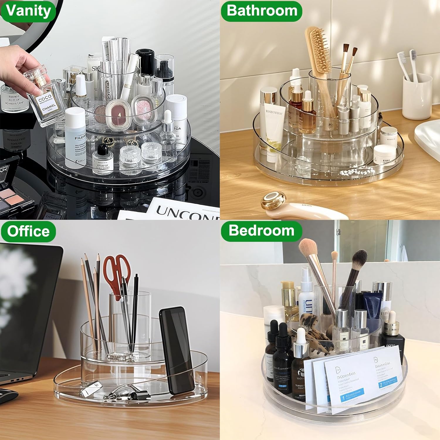 Taiuloo 360 Rotating Makeup Organizer, Clear Acrylic Lazy Susan Cosmetic Storage Turntable for Skincare, Perfume & Lipstick, Round Spinning Tray with Brush Holder for Vanity, Bathroom