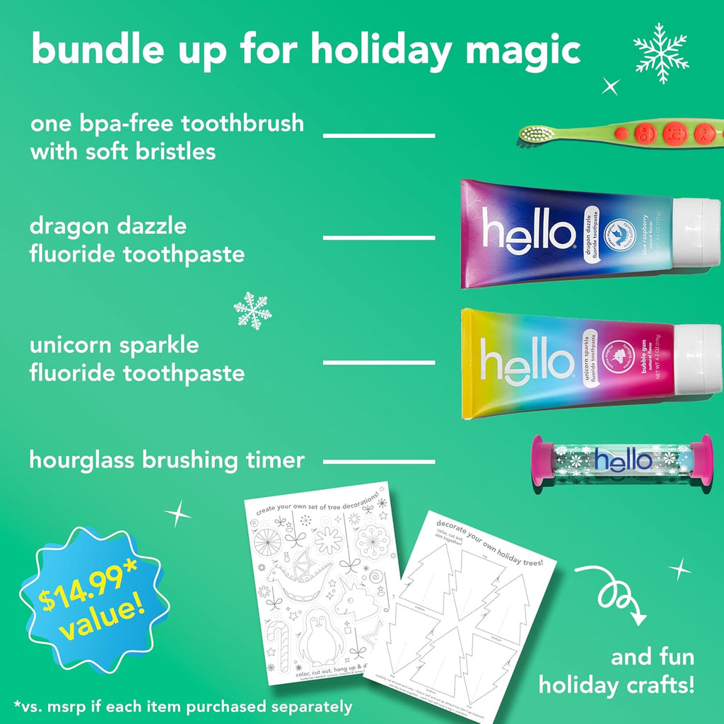 Hello Kids Toothbrush and Kids Toothpaste with Fluoride Holiday Gift Set, for Ages 3 and Older, Includes Bubblegum and Blue Raspberry Flavored Toothpastes, an Hourglass Timer, and Fun Holiday Crafts