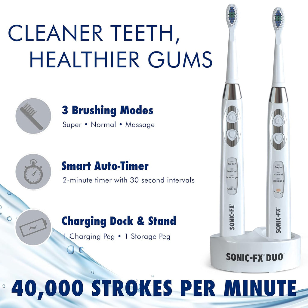 Sonic-FX Duo Rechargeable Electric Toothbrush Set - with 14 Brush Heads, 3 Modes, Smart Auto-Timer, Charging Dock Holder - Dual Handle Electric Tooth Brush for Adults & Kids, White
