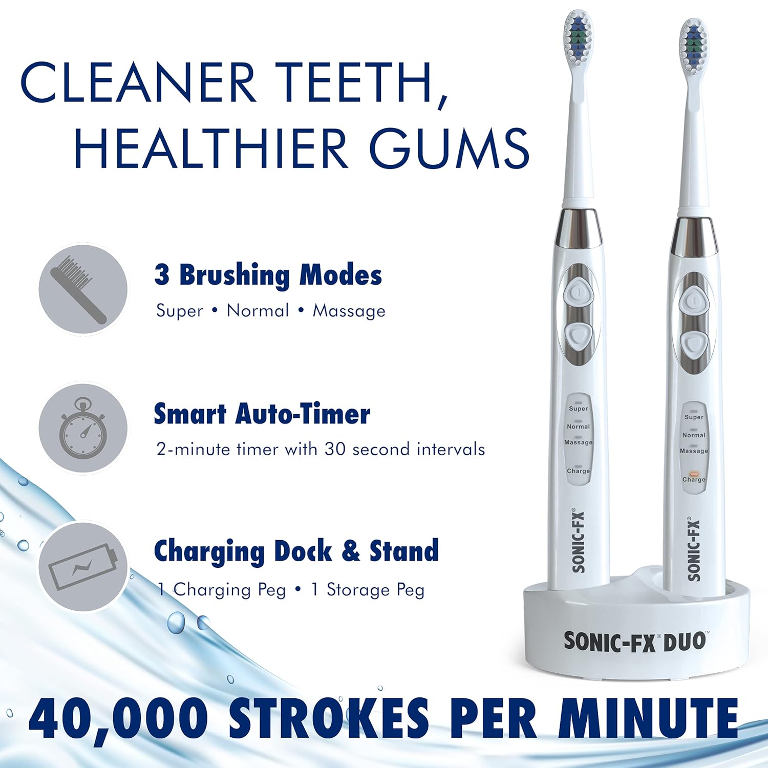 Sonic-FX Duo Rechargeable Electric Toothbrush Set - with 14 Brush Heads, 3 Modes, Smart Auto-Timer, Charging Dock Holder - Dual Handle Electric Tooth Brush for Adults & Kids, White
