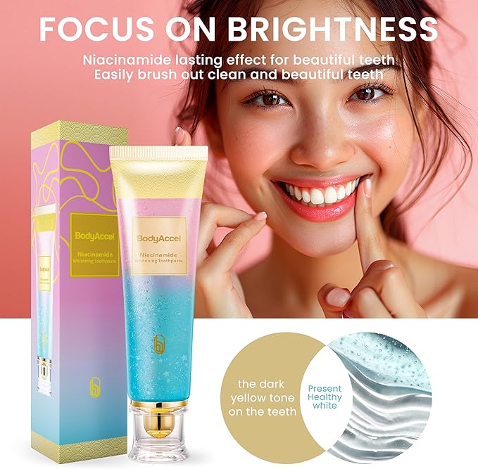 BodyAccel Niacinamide Whitening Toothpaste, Brightens and Whitens Teeth, Stain Removal Natural Gentle, Fresh Breath
