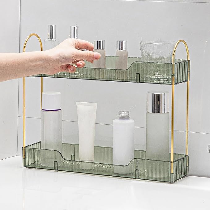 YCIA&DONE 2 Tiers Narrow Vanity Makeup Organizer, Bathroom Organizers Countertop Slim, Perfume Holder Skincare Storage Cosmetic Shelf Spice Rack, for Small Desktop Counter Space, Vintage Green
