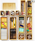 12-Piece Bamboo Desk Drawer Organizer Tray – Adjustable Storage Boxes with 24 Adjustable Compartments for Office Drawer, Jewelry, Vanity & Desk Accessories