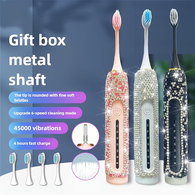 Electric Toothbrush for Woman Silver Bling Diamond Decor Portable Travel Essentials for Women White Toothbrush with 3 Replacement Heads 6 Modes