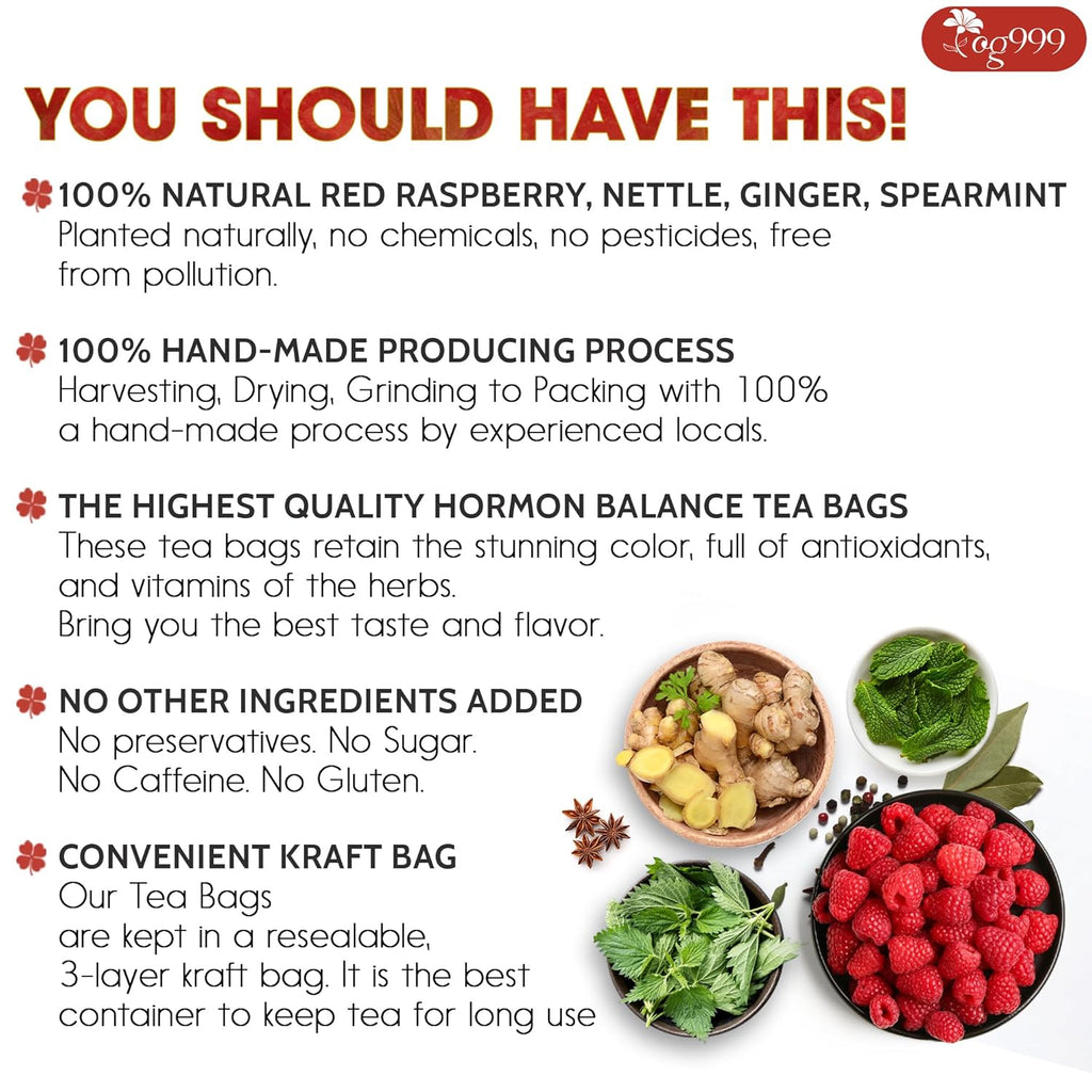 TOG999 Red Raspberry Leaves Tea Bags with Spearmint Flavor for Hormone Balance Natural Menstrual Cycle Support, 40 Count, Natural Material Tea Bags, No Sugar, No Caffeine, Vegan