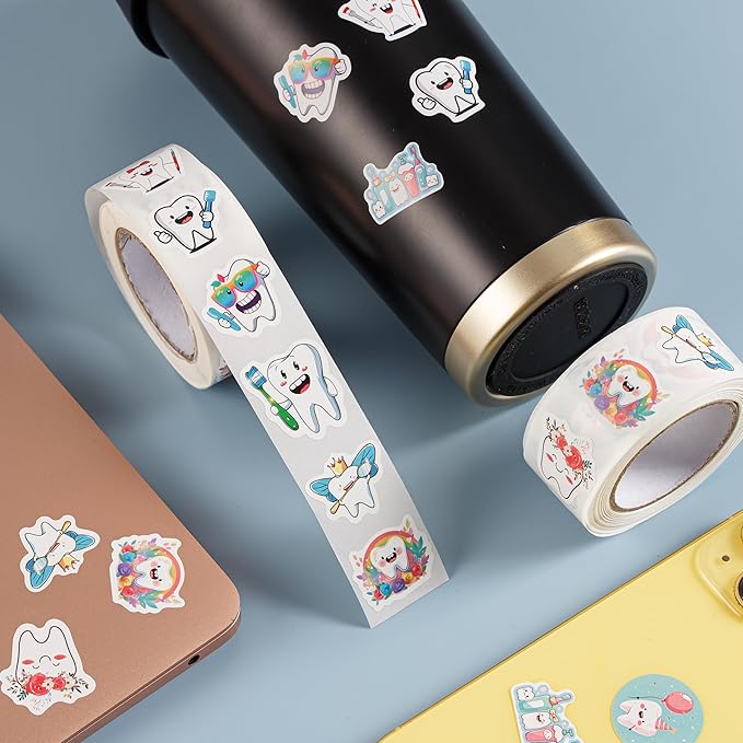 1000PCS Tooth Stickers Roll for Kids, 2 Rolls 10 Styles Cartoon Teeth Fairy Sticker, Dental Reward Stickers for Dentist, Classroom, Scrapbooking, Party Favors, DIY Crafts