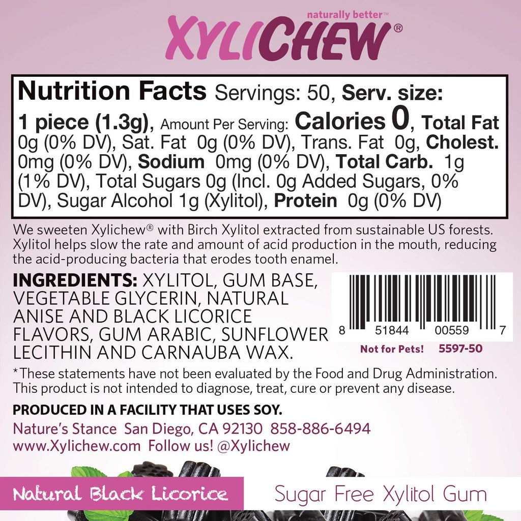 Xylichew 100% Xylitol Chewing Gum - Non GMO, Non Aspartame, Gluten Free, and Sugar Free Gum - Natural Oral Care, Relieves Bad Breath and Dry Mouth - Licorice, 50 Count