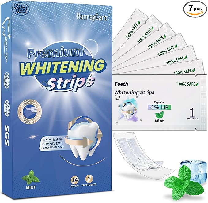 Teeth Whitening Strips, Professional Dentist-Formulated, Enamel-Safe, Non-Slip, Pain-Free Express Whitening, Deep Stain Removal, 4X Whiter, 14 Strips (7-Day) | Mint Flavor | HanrayCare