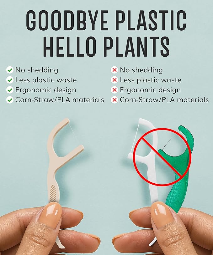 Dental Floss Picks (200pcs) - Flossers for Adults, Vegan Corn-Straw Handle, Superior Oral Care & Anti-Shred Thread, Dental Hygiene, Tooth Pick Sticks, Teeth & Gum Health (Charcoal, Single Thread)