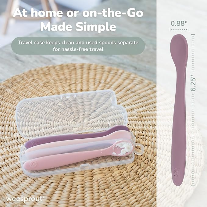 WeeSprout Silicone Baby Spoons - First Stage Infant Feeding Utensils With Soft-Tip, Bendable Kitchenware for Parent & Self-Feeding, Ultra-Durable, Dishwasher Safe, Travel Case, Set of 3