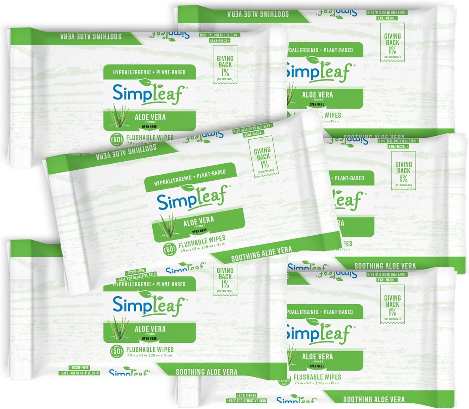 Simpleaf Flushable Wet Wipes Aloe Vera | Plastic Free, Paraben & Alcohol Free | Hypoallergenic & Safe for Sensitive Skin | Soothing Aloe Formula | Adult Toilet Wipes (6 x 50 Counts Pack) 300 Counts