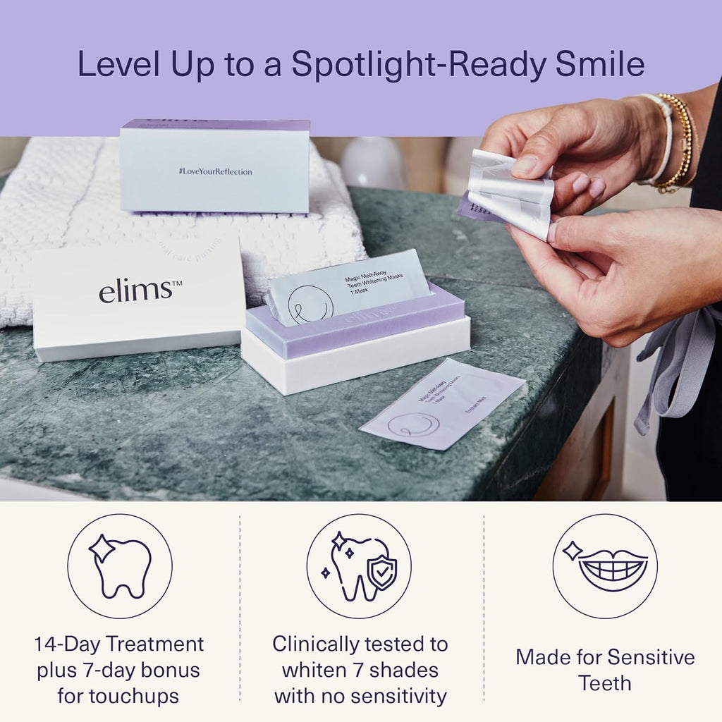 ELIMS Teeth Whitening Strips for Sensitive Teeth 21 Treatments – Food-Grade & Made by Dentists - Whiten Up to 7 Shades - Dissolving Mess-Free Application - Visible Results in 14 Days - 42 Strips