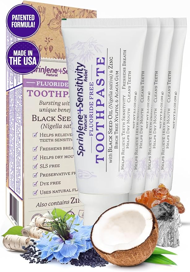 SprinJene Natural Fluoride Free Toothpaste for Sensitive Teeth & Gum (4 Pack) + Electric Toothbrush with Wireless Charger & 2 Replacement Heads