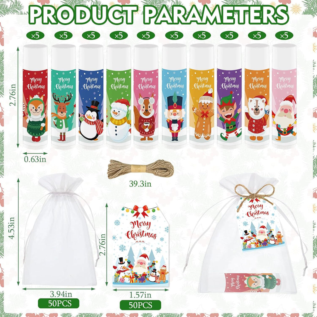 50 PCS Christmas Lip Balms Bulk Gift Christmas Stocking Stuffers Favors Lip Moisturizer Christmas Holidays Party Gift for Girls Kids Women Men
