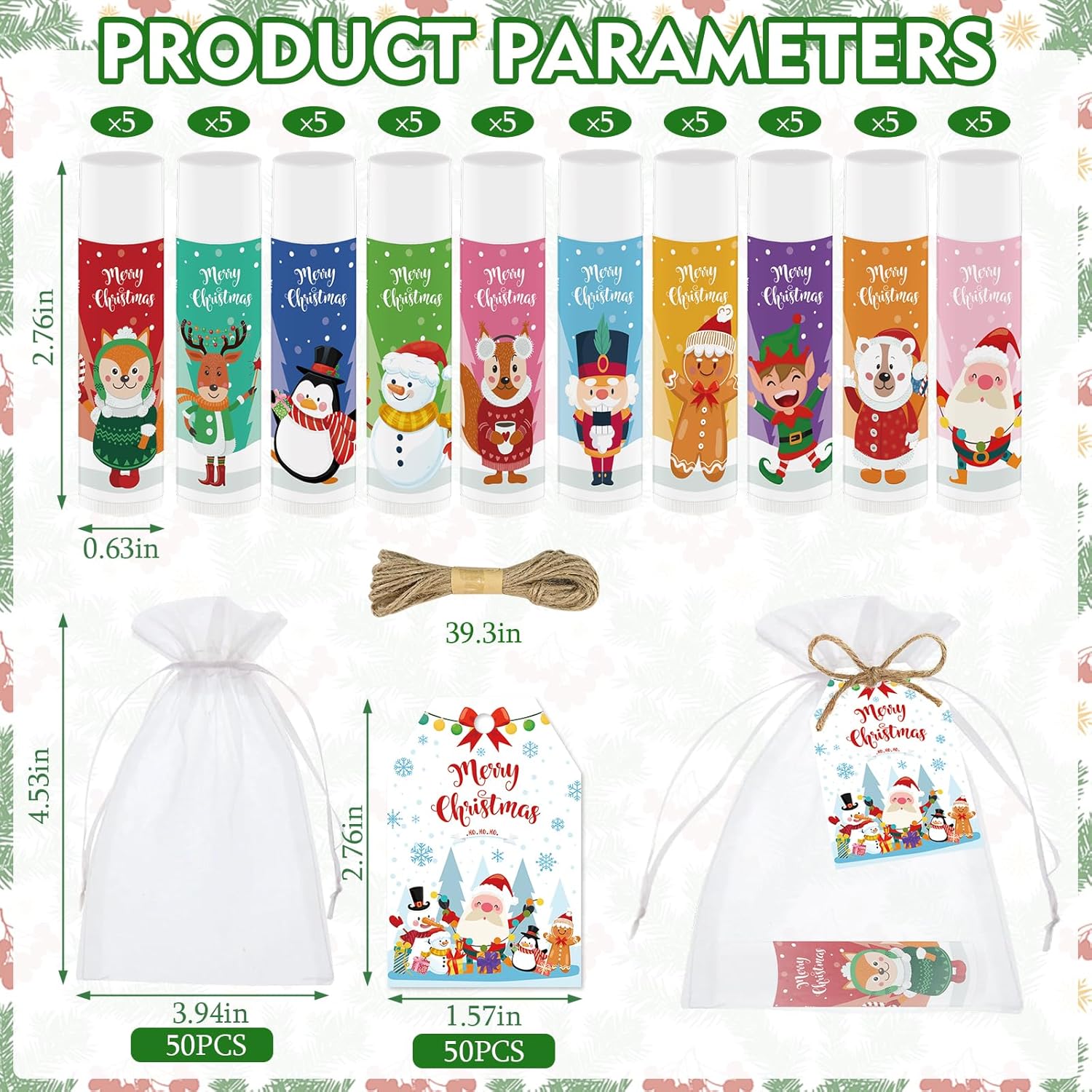 50 PCS Christmas Lip Balms Bulk Gift Christmas Stocking Stuffers Favors Lip Moisturizer Christmas Holidays Party Gift for Girls Kids Women Men