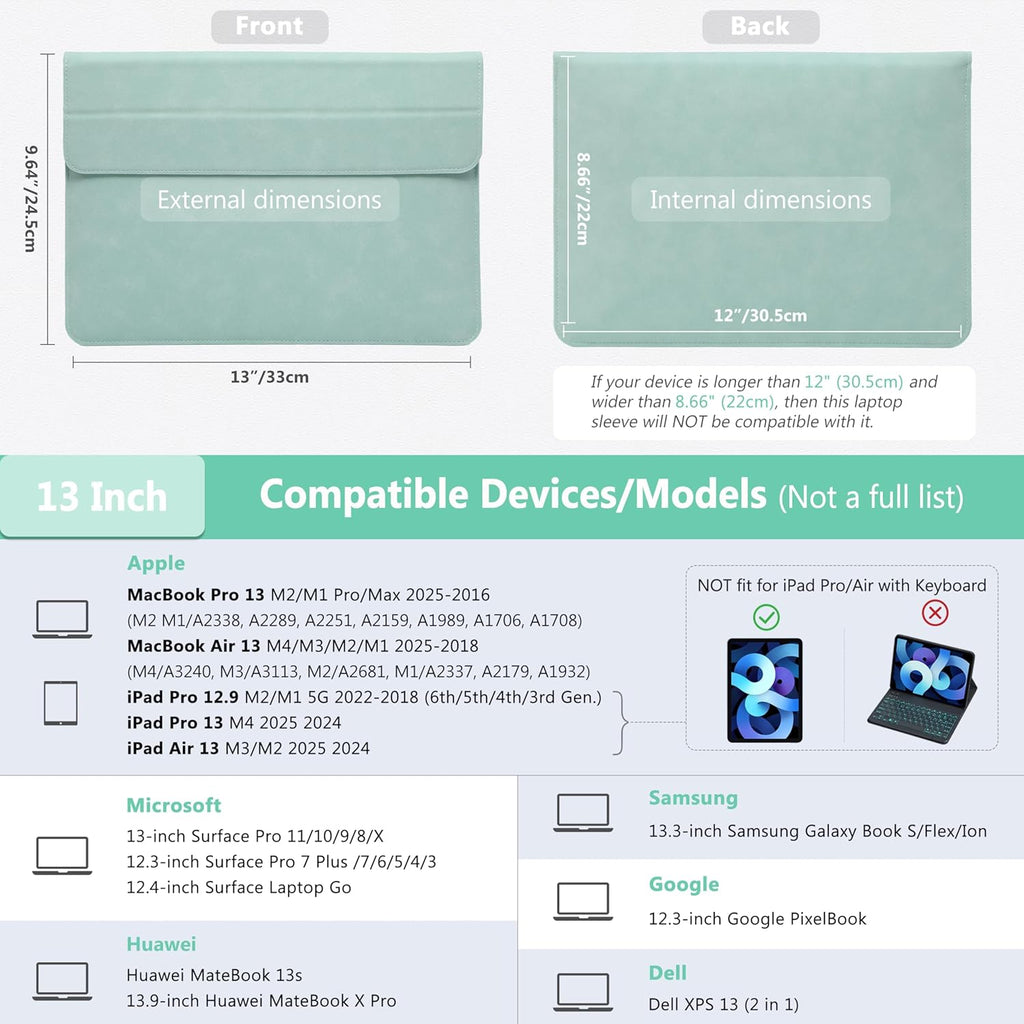 HYZUO 13 Inch Laptop Sleeve Case with Stand for 2025-2018 MacBook Air 13 M4 M3 M2 M1, 2025-2016 MacBook Pro 13 M2 M1, 13" iPad Pro/Air, Surface Pro 11/10/9, XPS 13, with Pouch, Mint Green