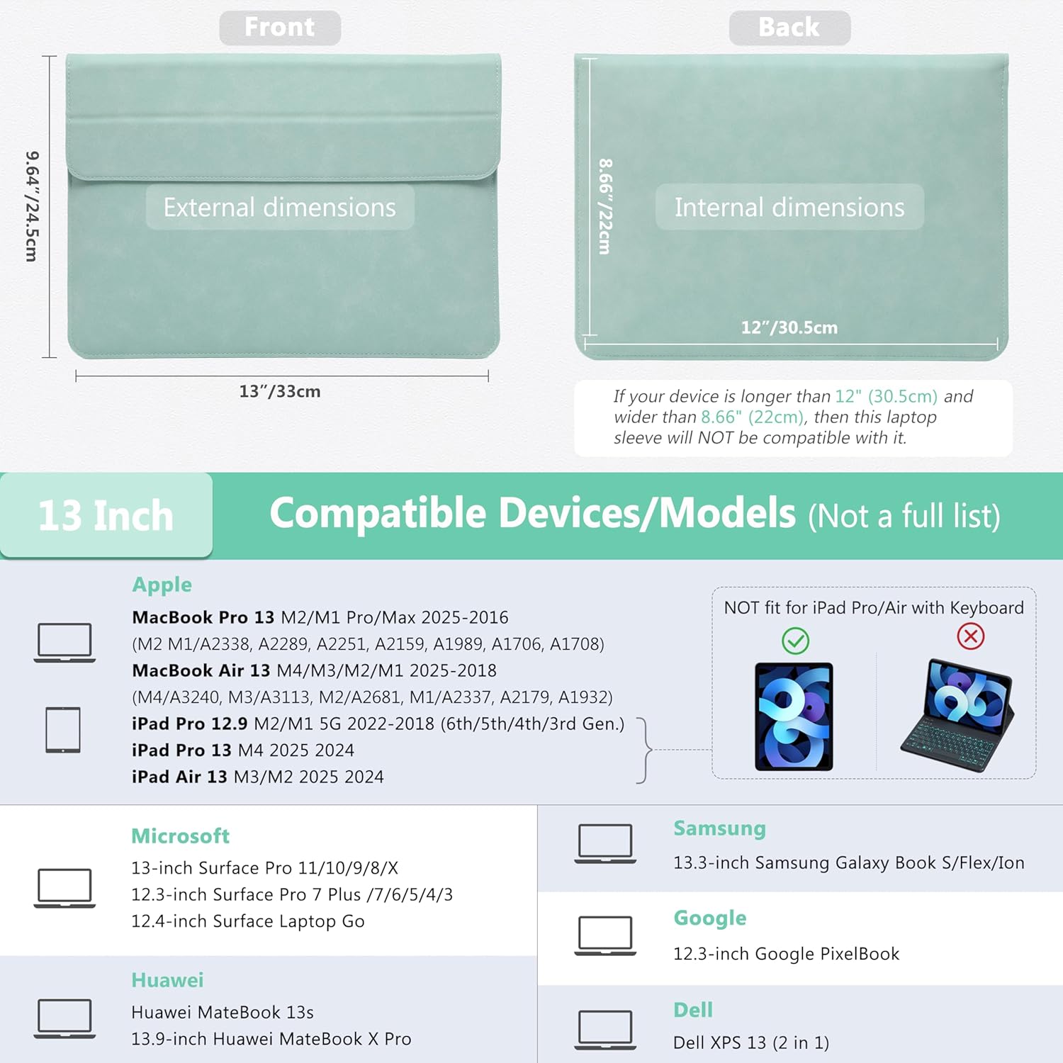 HYZUO 13 Inch Laptop Sleeve Case with Stand for 2025-2018 MacBook Air 13 M4 M3 M2 M1, 2025-2016 MacBook Pro 13 M2 M1, 13" iPad Pro/Air, Surface Pro 11/10/9, XPS 13, with Pouch, Mint Green