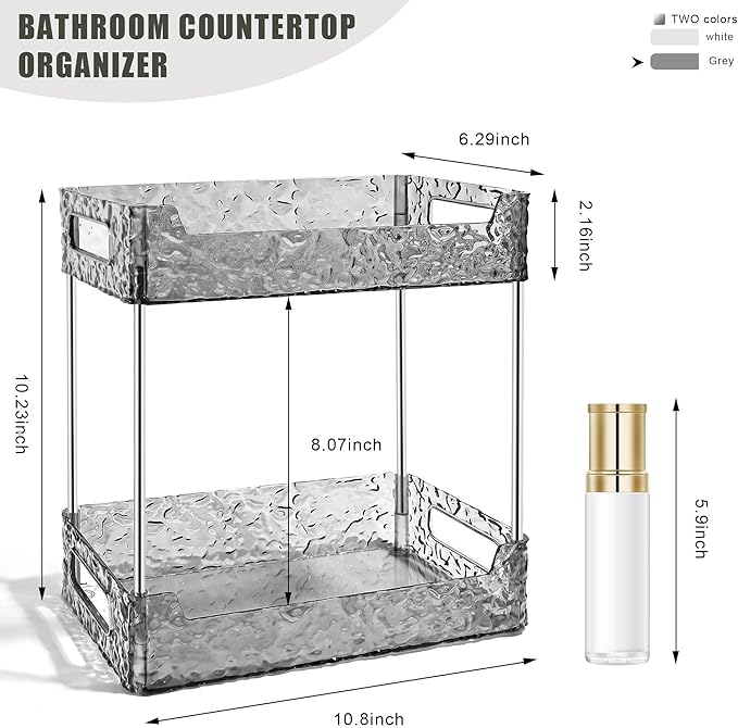 2-Tier Bathroom Counter Organizer Countertop Storage, Dresser Organizer Vanity Tray for Makeup, Perfume Organizer Cosmetics Skincare Shelf - Grey