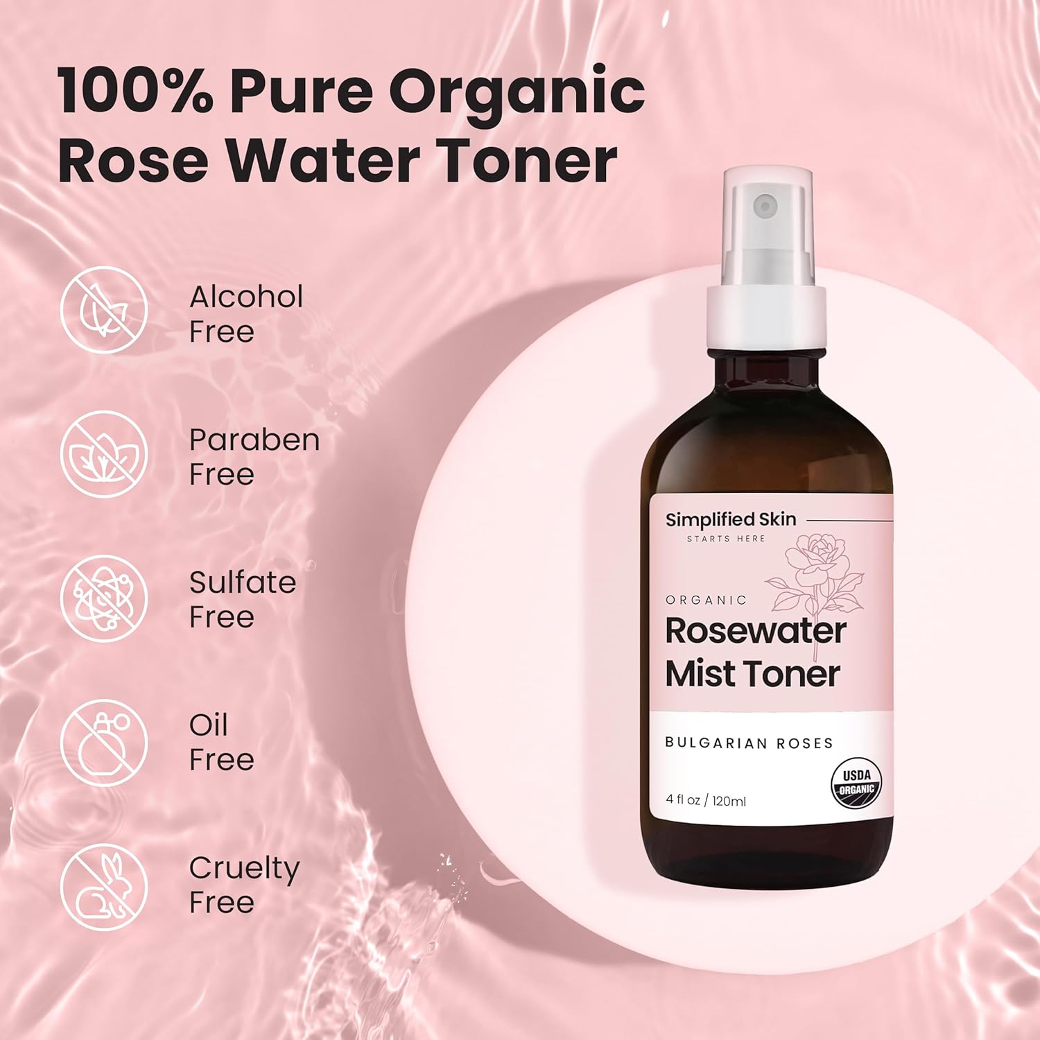 Rose Water Spray for Face & Hair – Pure USDA Organic Rosewater Toner – Refreshing Mist for Skin Care, Makeup & Locs – Natural Rose Scent, 4 Oz (2 Pack)