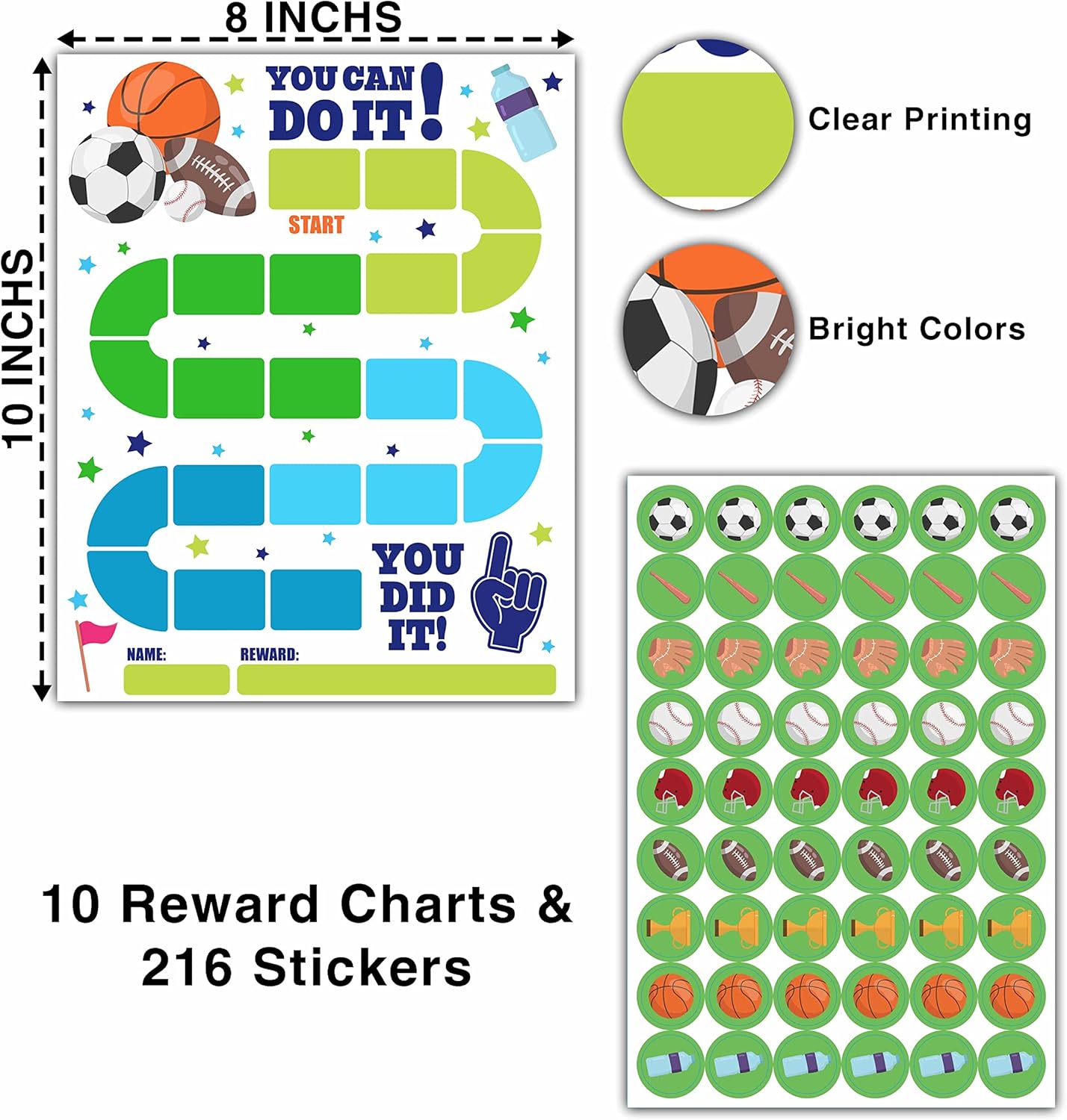 10 Sports Reward Chart with 216 Round Stickers, Incentive Behavior Chart for Kids at Home Classroom, Kids Routine Daily Chore Sticker Chart-A14