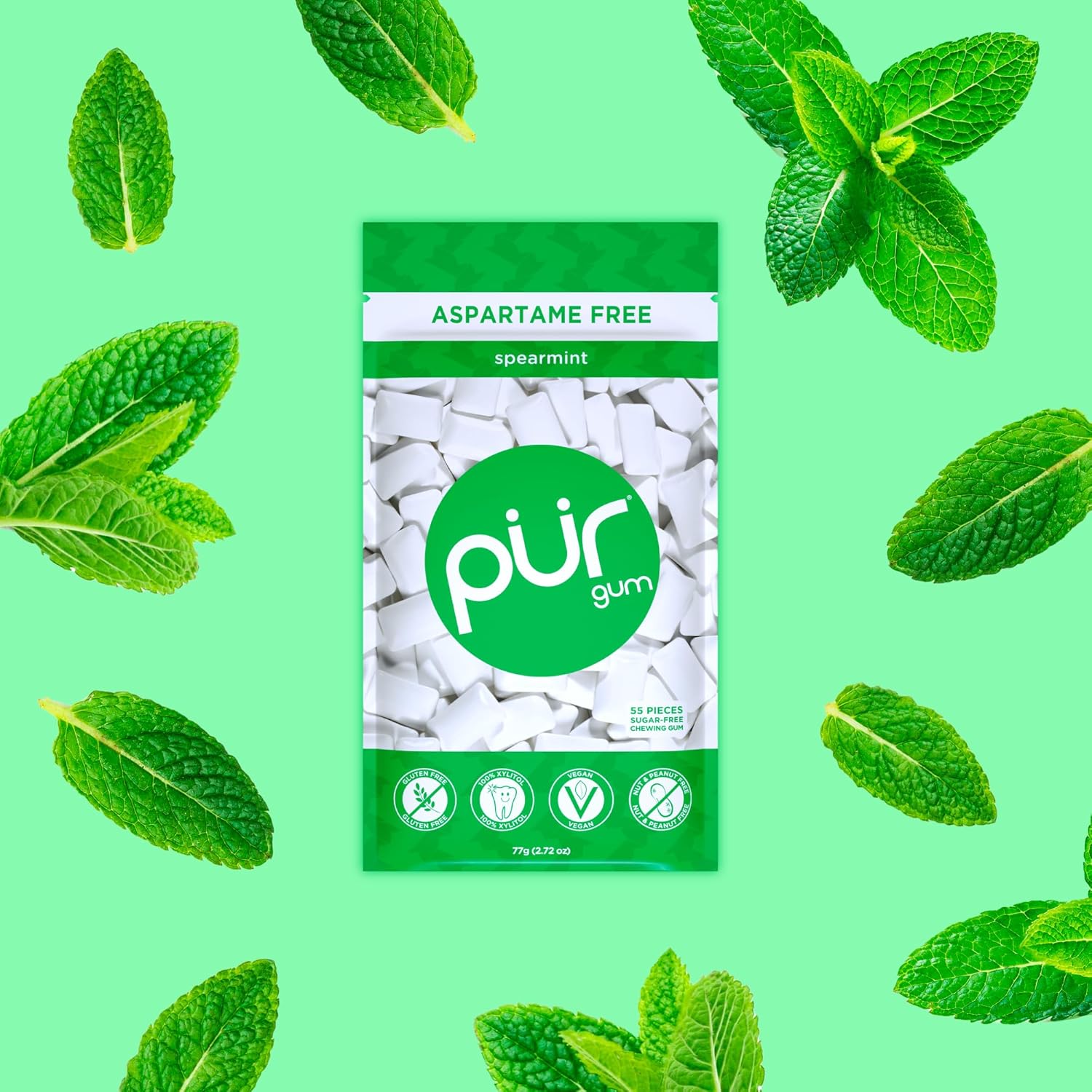 PUR Gum | Aspartame Free Chewing Gum | 100% Xylitol | Natural Spearmint Flavored Gum, 55 Pieces (Pack of 6)