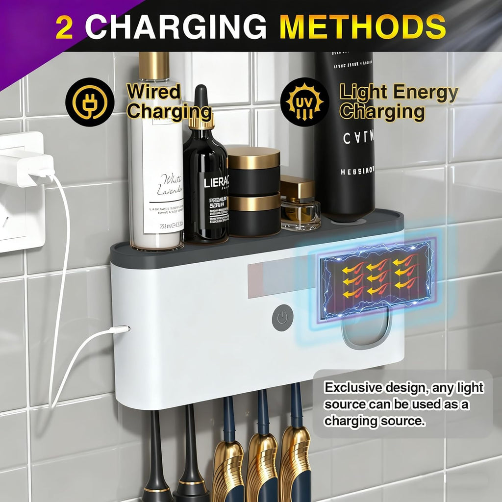 Wall Mounted Toothbrush Holder with Toothpaste Dispenser Electric Toothbrush Holder for Bathroom Solar Charging and No Drilling Required Smart Toothbrush Organizer with 5 Brush Slots