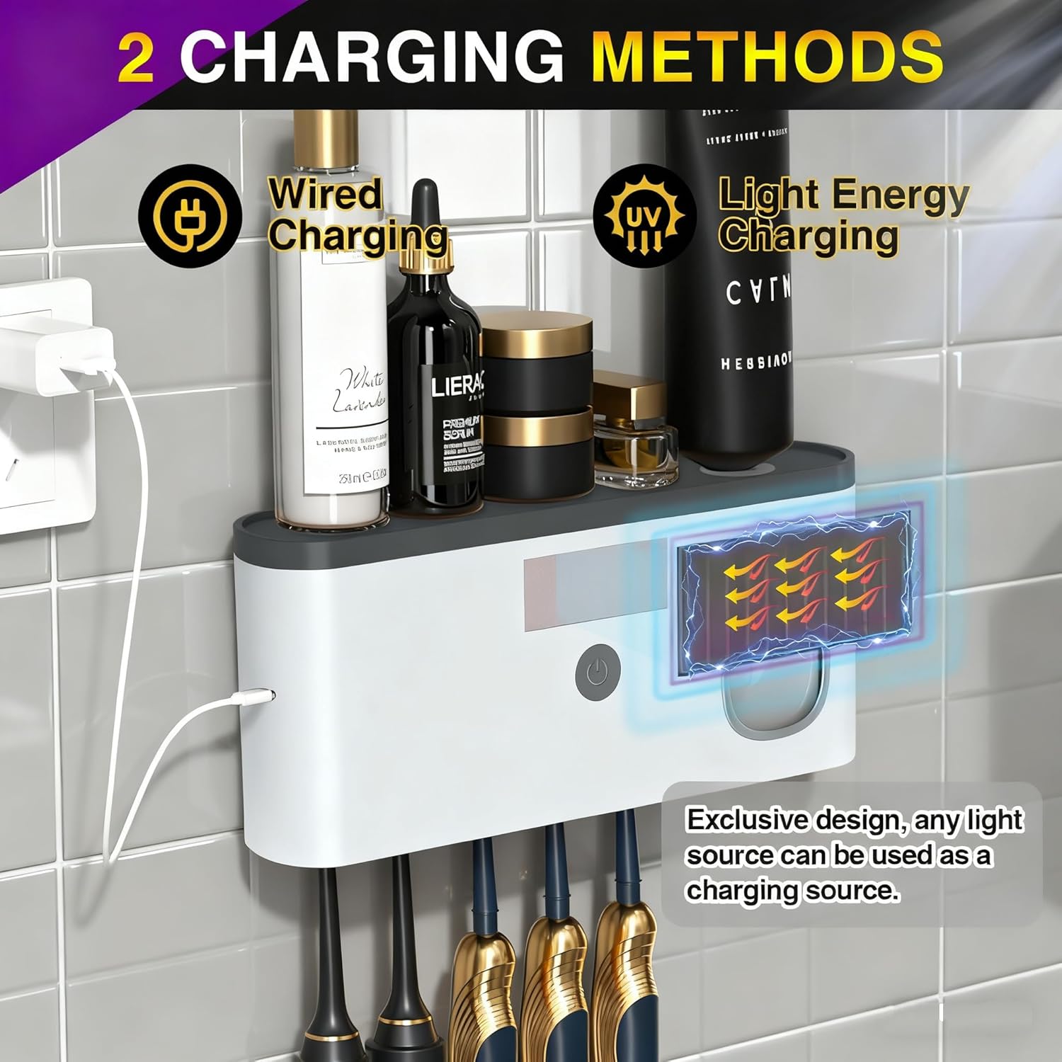 Wall Mounted Toothbrush Holder with Toothpaste Dispenser Electric Toothbrush Holder for Bathroom Solar Charging and No Drilling Required Smart Toothbrush Organizer with 5 Brush Slots