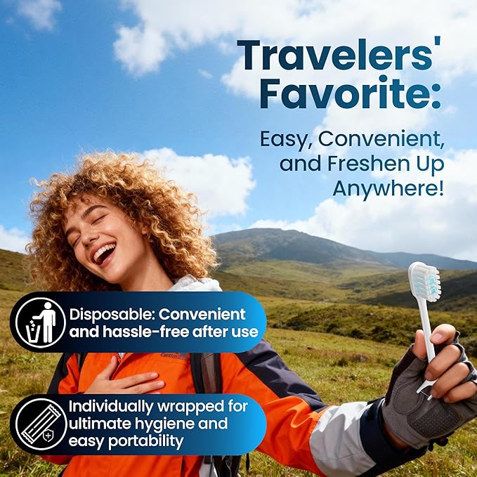 Pinkart Mini Disposable Toothbrushes with Toothpaste, Pre-Pasted Travel Toothbrush with 2 Mint Beads, Individually Wrapped Single-Use Toothbrush for On-The-Go & Travel (48 Count)