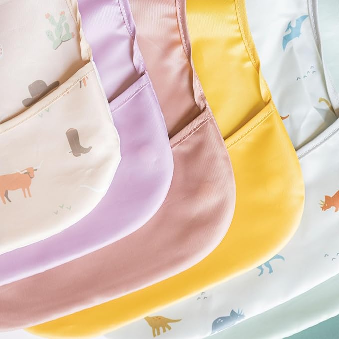Tiny Twinkle Mess-Proof Baby Bibs for Eating | Waterproof, Wipeable Toddler Bibs with Catch-All Pocket | Feeding Bibs for Girls & Boys(3 Pack,Sage,Taupe, Dandelion)