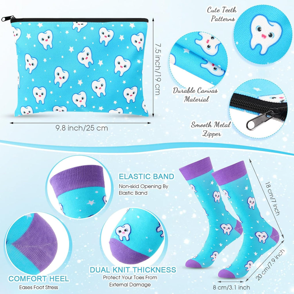 Sliner 4 Pcs Dental Assistant Gifts Set 12 oz Blue Teeth Stainless Steel Tumbler Cosmetic Bag Tooth Shape Keychain Novelty Tooth Sock Dental Hygienist Gifts for Nurse Dentist Christmas Graduation