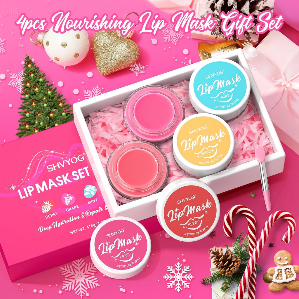 4 Pack Lip Mask Set, Hydrating Lip Mask Overnight - Berry, Grape, Mint, Vanilla Flavors, Lip Sleeping Mask Nourish Lip Balm with Vitamin C & Shea Butter | Dry Lips Care