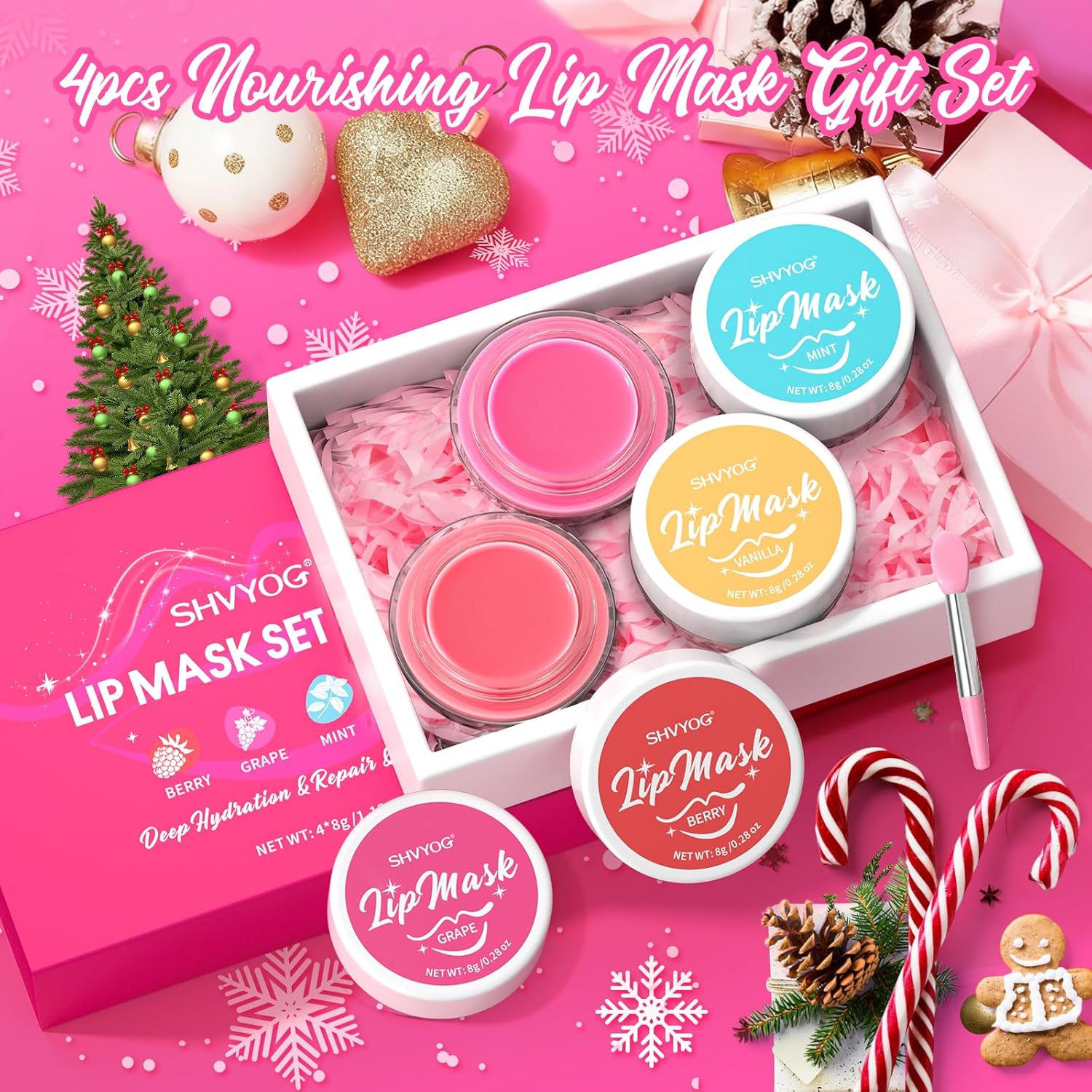 4 Pack Lip Mask Set, Hydrating Lip Mask Overnight - Berry, Grape, Mint, Vanilla Flavors, Lip Sleeping Mask Nourish Lip Balm with Vitamin C & Shea Butter | Dry Lips Care
