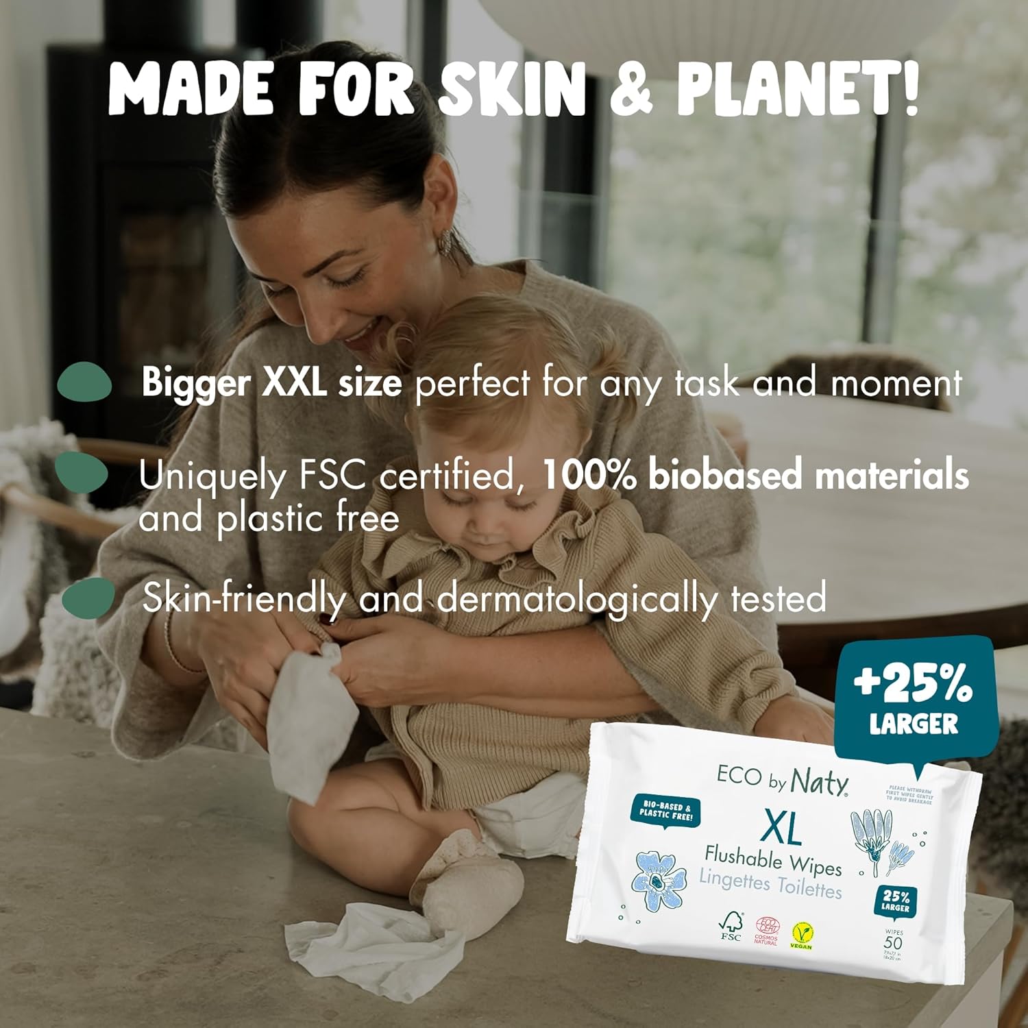 Naty Flushable XL Baby Wipes - Unscented, 100% Plant-Based, Plastic-Free, Fragrance-Free, Hypoallergenic for sensitive skin and Dermatologically Tested (XL - 600 Count - 12 Packs of 50)